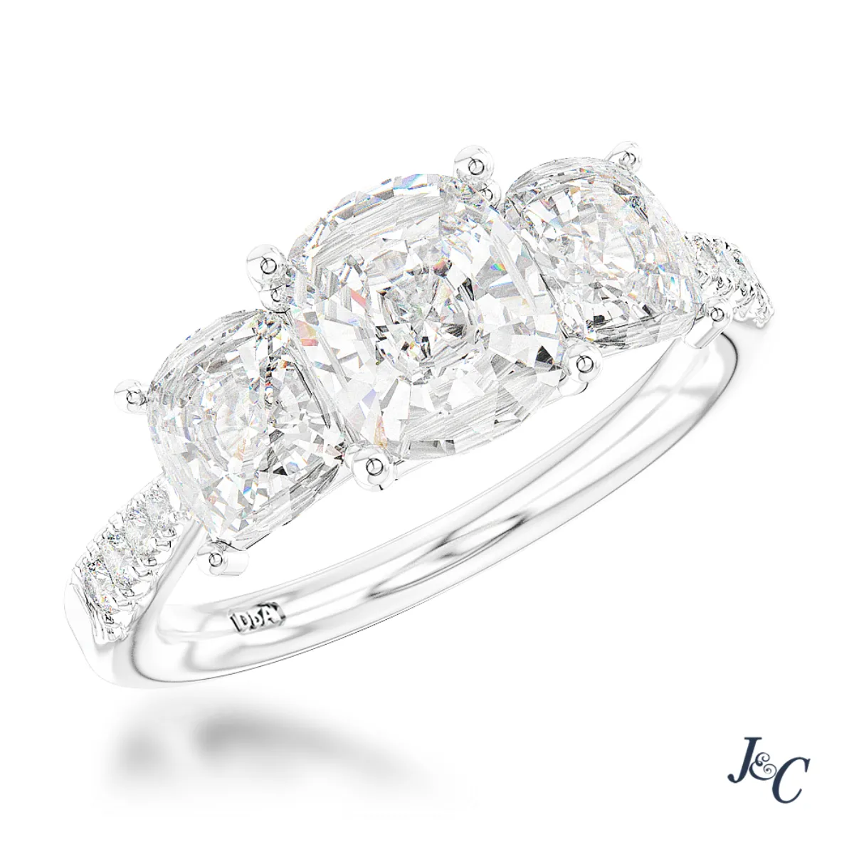 Platinum 0.91ct F VS2 Cushion Cut Three Stone ring | Jamieson & Carry ...